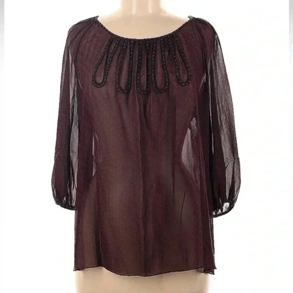 Leon Max Silk Limited Edition Semi Sheer Beaded Blouse Size M Medium
